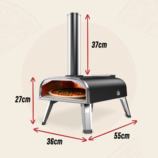 LIVIN' Pizzaoven Pellet - Pizzaovens voor buiten - 12" Pizzaoven - Pizza oven buiten - Pellet Pizza oven - Pizzaoven voor buiten - Pizza Oven Houtgestookte - Pizza Oven Tuin - Inclusief Thermometer - Draagbaar - 55*36*27 CM - RVS - Zwart