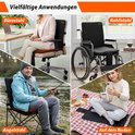 Collage met diverse toepassingen van het verwarmde zitkussen: op een bureaustoel, in een rolstoel, in een klapstoel bij het vissen, en op een picknickkleed.