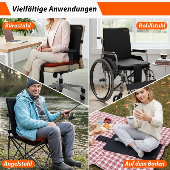 Collage met diverse toepassingen van het verwarmde zitkussen: op een bureaustoel, in een rolstoel, in een klapstoel bij het vissen, en op een picknickkleed.