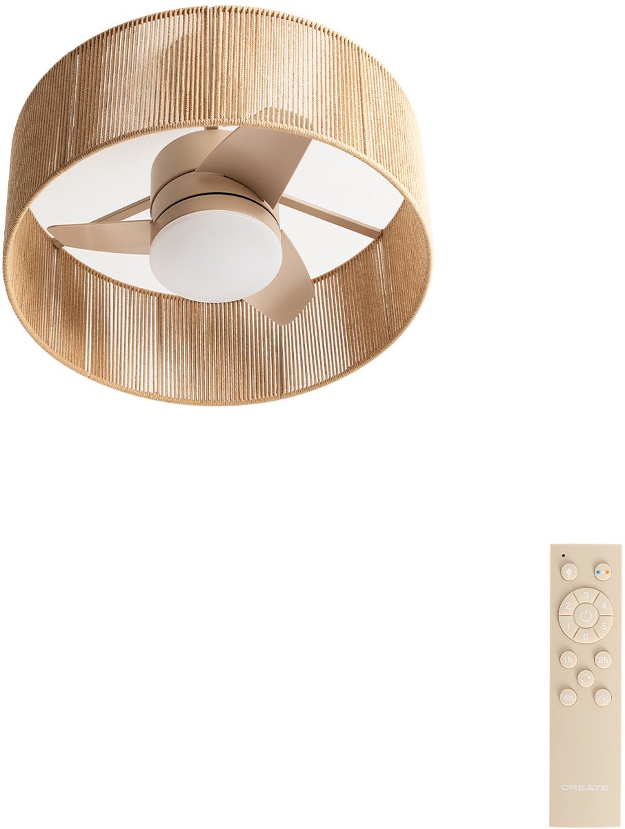 CREATE - Stille plafondventilator 25W met licht - Zand - Ø55cm - WIND LAMP WOVEN
