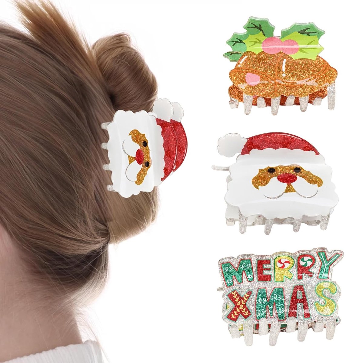 Daity 3-delige kersthaarclipset - vrolijke kersthaarclips voor dames in de winter - lettercartoon met belvormig ontwerp - kersthaaraccessoires - schattige haarclips voor dik en dun haar