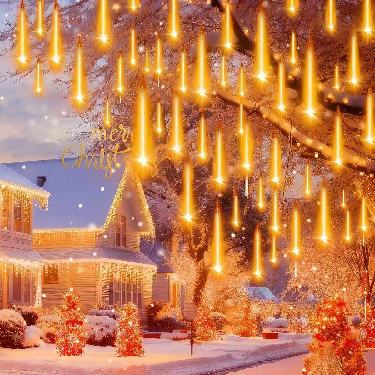 Meedeer Kerstverlichting Meteorenregenverlichting-480 leds-10 buizen-50 cm-ijspegels-Noodzaakt netstroom-Kan in serie worden geschakeld-kerstverlichting in de vorm van ijspegels-IP65 waterdicht-Lijnlengte 10m-voor feest- kerstdecoratie-warm wit