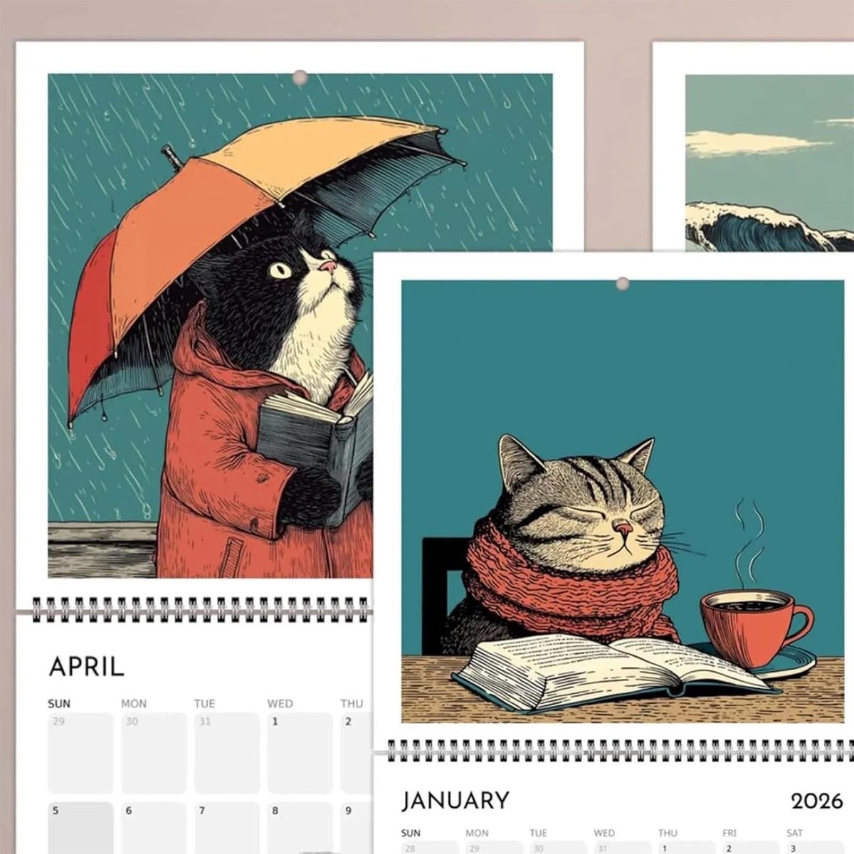 Schattige Katten Met Boeken Wandkalender 2026 - Grappige Kattenkunst Maandplanner Voor Kattenliefhebbers
