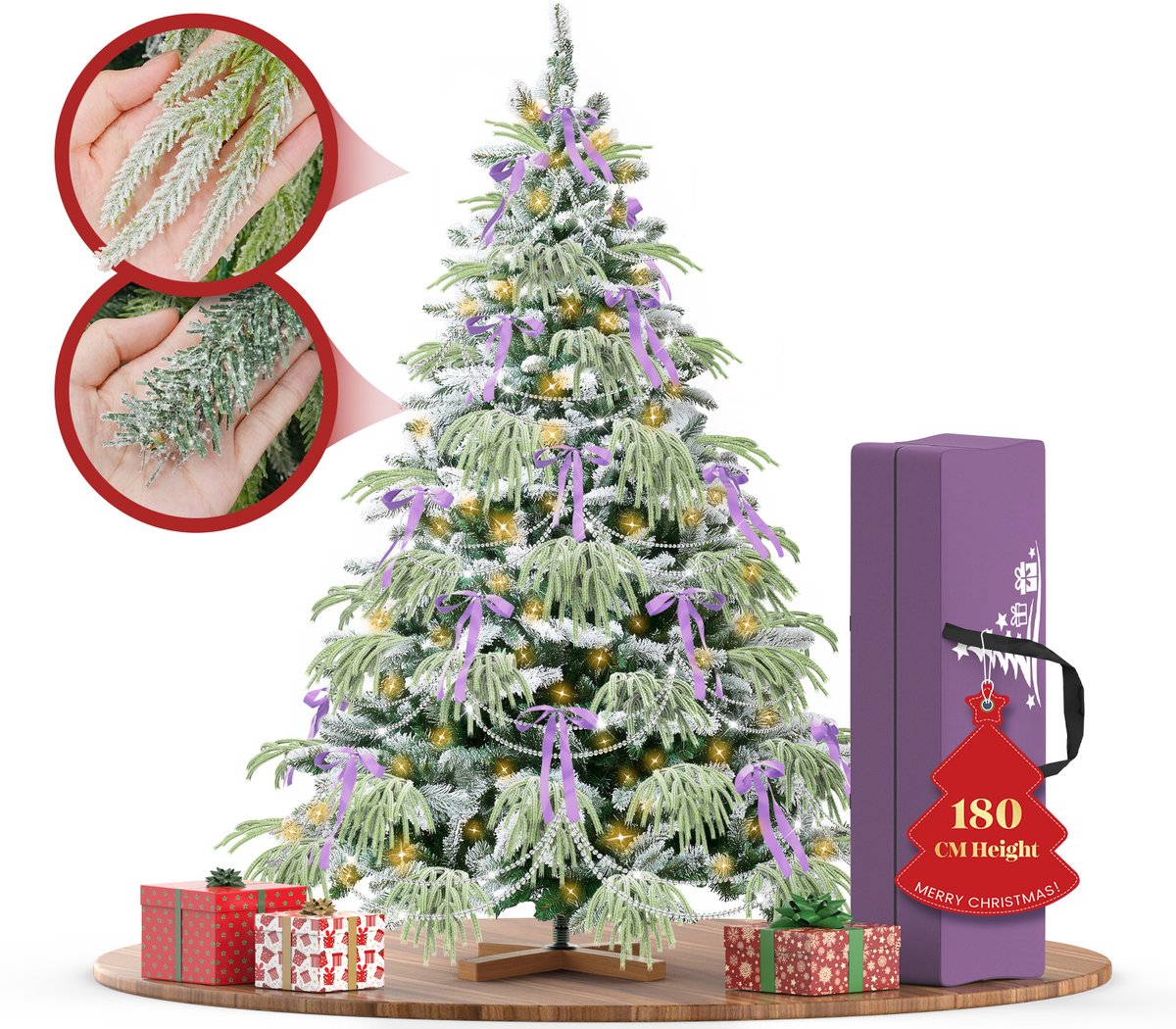 180 cm Kunstkerstboom, PVC + PE Groene Kerstboom, kunstmatige Spar Met LED-Verlichting, Sneeuwbedekking, Decoratieve Accessoires, Beschermende Handschoenen, Opbergtas, Houten Standaard
