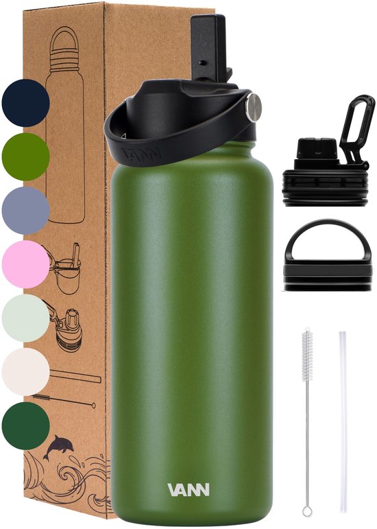 Gourde 1 litre gourde avec paille - Carafe à eau adultes - Set complet - Acier inoxydable - 24h froid/12h chaud - Vert