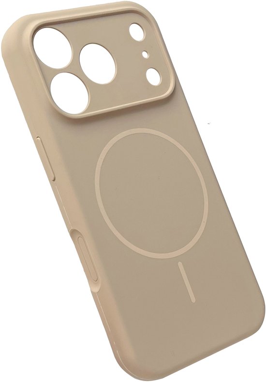 Zand beige telefoonhoesje met cirkel en camera-uitsparing, schuin van voren gezien.