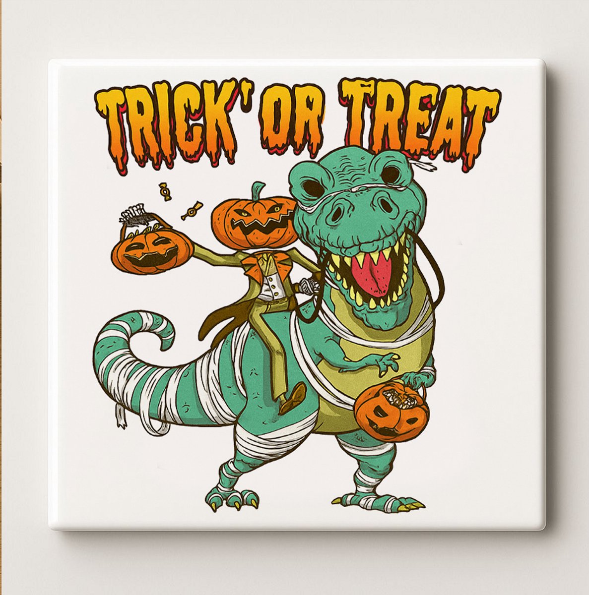 Grappige Halloween Dino Tegel 15x15 cm – T-Rex Trick or Treat Pompoen Ontwerp – Leuke Spoo