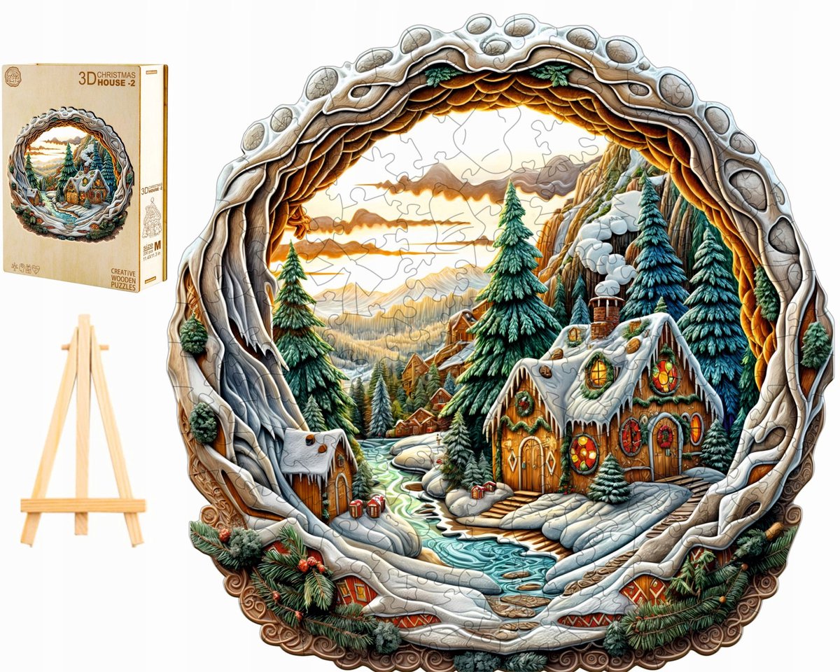 Houten 3D Winterhuispuzzel - 280 stukjes in houten doos