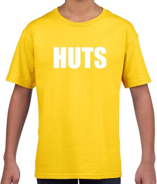 HUTS tekst t-shirt geel kids -  feest shirt HUTS voor kids 134/140
