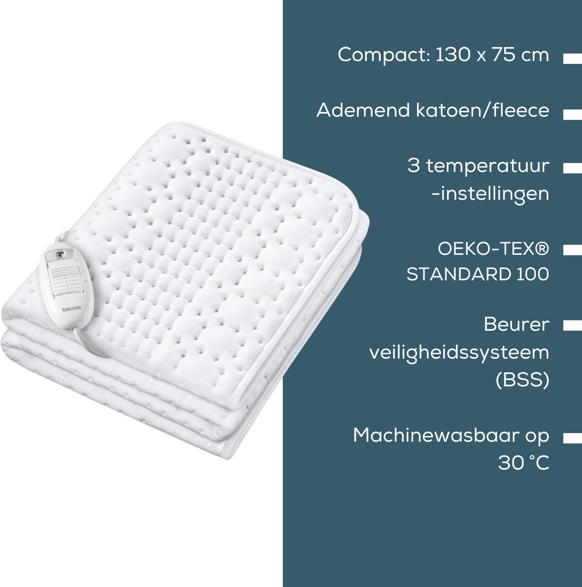 Beurer Elektrische onderdeken 1 persoons Compact - Elektrische deken 130x75cm - Snelle opwarming - BSS (Beurer Safety System) - Fleece/Katoen - Wit – foto 6