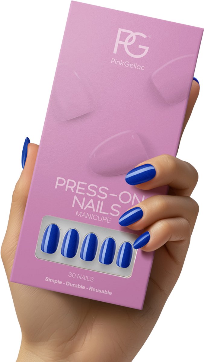 Pink Gellac Press On Nails - 221 Delighted Blue - Round Medium Plaknagels - 30 Press On Nagels Met Lijm, 30 Plakstickers, Cleaner Wipe, Nagelvijl, Woodstick en Size Matcher - Snel Aan Te Brengen Plak Nagels - Voor 7-14 Dagen Mooie Nagels
