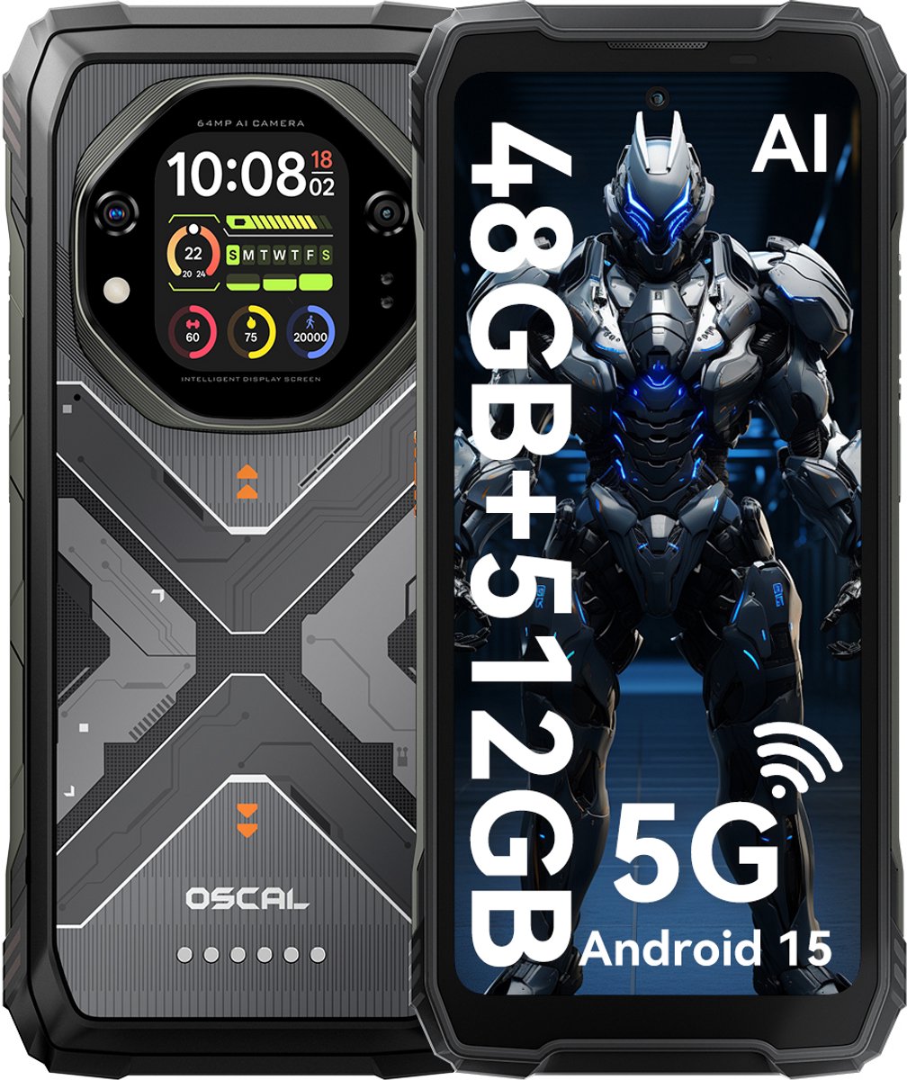 OSCAL TANK 1 - Robuuste Smartphone - 5G - 48GB RAM - 512GB ROM - 20000mAh - 6.78 inch FHD+ 120Hz - MTK Dimensity 7050 - 64MP+50MP+20MP Nachtzicht - Android 15 - AI Robuuste Telefoon - NFC - IP68/IP69K/GPS - Zwart