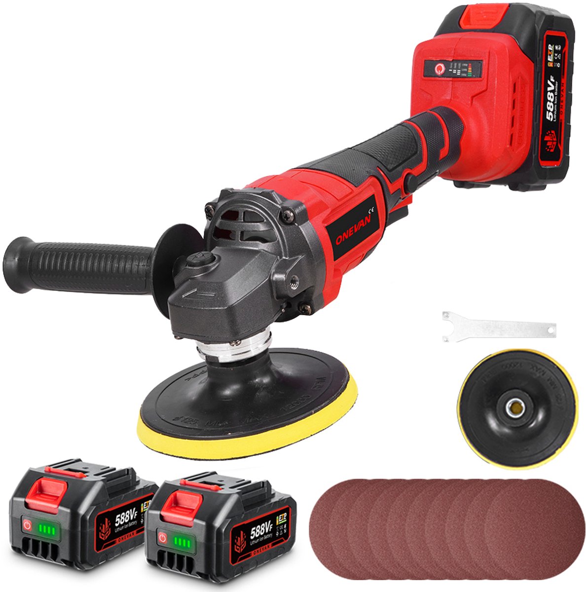 ONEVAN Accu Haakse Slijper met 2x accu - Ø125MM Draadloze haakse slijper - Borstelloze Motor - 3-Traps Slijpmachine - Voor Slijpen, Snijden En Polijsten