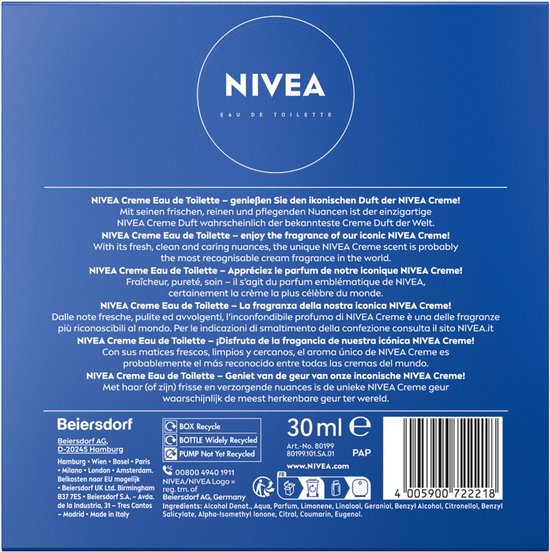 Verpakking met NIVEA Eau de Toilette 30ml, ingrediënten en recyclinginformatie.