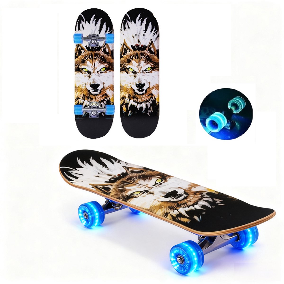 Shinfirst Professioneel skateboard -met dubbelzijdig patroon- Verbreed en vergroot wielen met LED-verlichting-voor volwassenen jongeren kinderen beginners-7 lagen Canadese esdoorn double kick board-concaaf trick skateboard-zwarte Panter