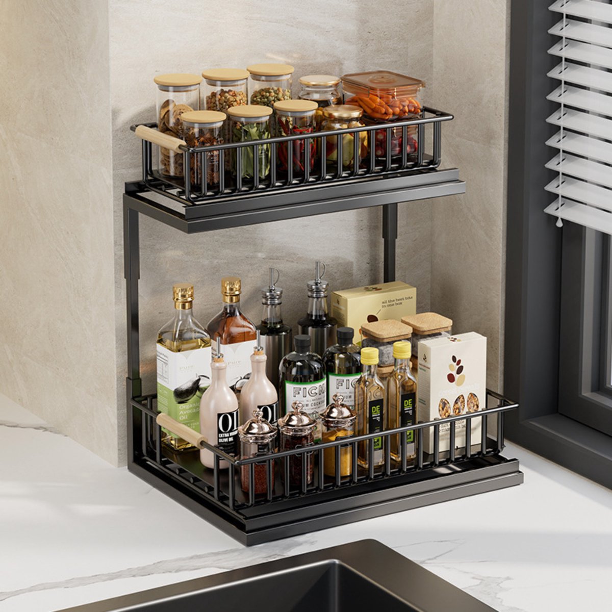 CHIWIN Gootsteenkast Organizer Uitschuifbaar - 2-Laags Keukenkast Organizer Verstelbare Hoogte - Gootsteenrek Zonder Boren - Keuken Aanrecht Opbergrek - Duurzaam Metalen Frame - Zwart