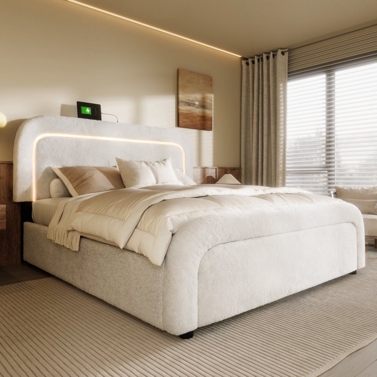 Bed 160x200 cm met 4 lades en USB Type C-oplader - VolwassenenBed opbergbed met lattenbodem, in hoogte verstelbaar hoofdbord, houten lattenbodem, Sherpa wit - Geen matras