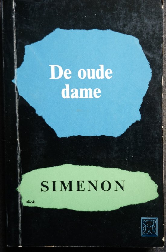 Couverture de livre avec des zones bleues et vertes, titres "De oude dame" et "SIMENON".
