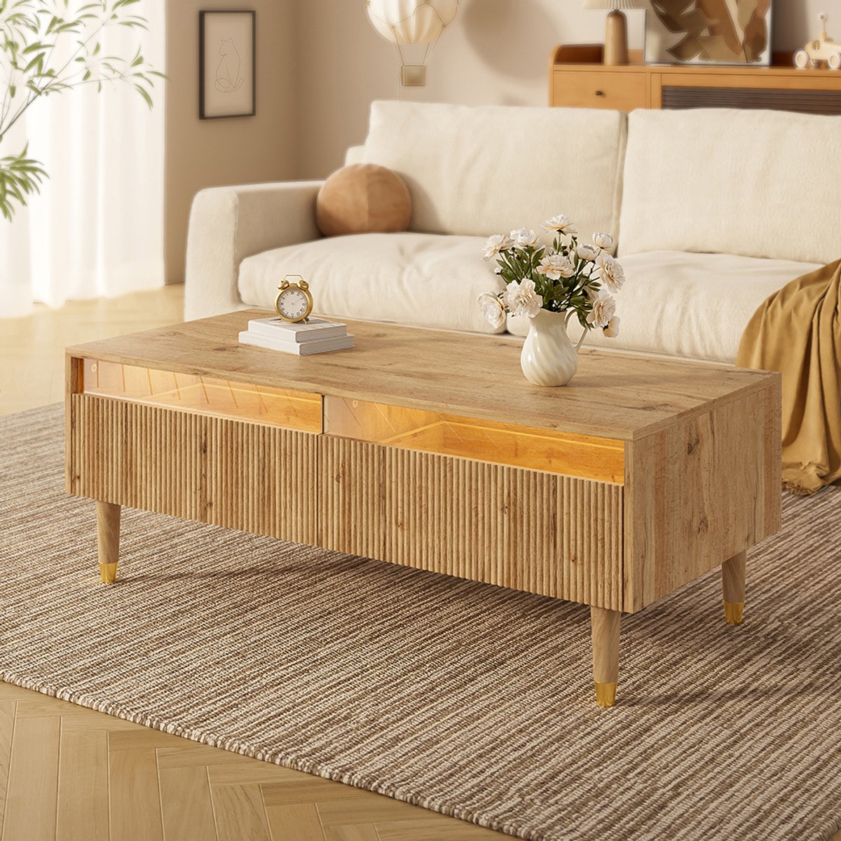 YEHTOKHOME Salontafels 110x50x40 cm, Koffietafel met twee lades en LED-verlichting - Golvende laden bovenkant - Massief houten poten - Voor woonkamergebruik - Hout - Bruin