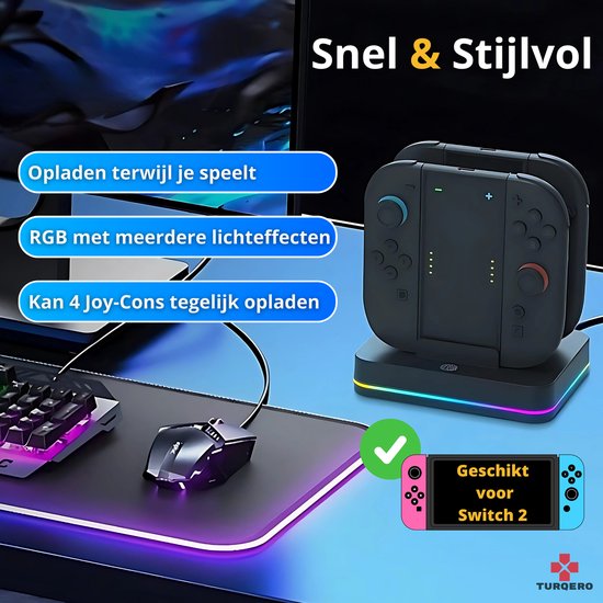 Zwarte oplaaddock voor 4 Joy-Cons met RGB-verlichting, opgeladen terwijl je speelt.