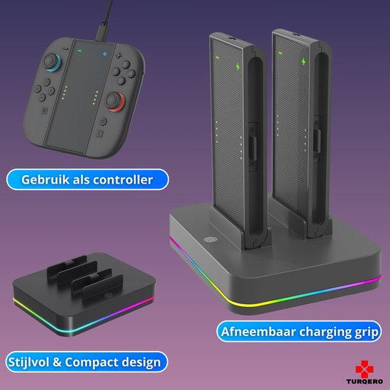 Stijlvol en compact ontwerp van de oplaaddock voor Switch 2 Joy-Cons met afneembare grip en RGB-verlichting.