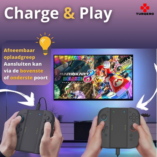 Twee personen spelen met Switch 2 Joy-Cons die verbonden zijn met de oplader, met een scherm met Mario Kart 8 Deluxe op de achtergrond.