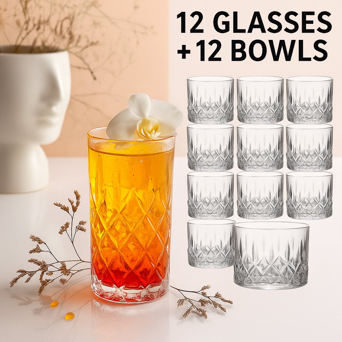 12 Luxe Kristallen Longdrink Glazen 355ml + 12 Whisky Tumblers 260ml – Set van 24 – Water, Cocktails, Whisky & Frisdrank