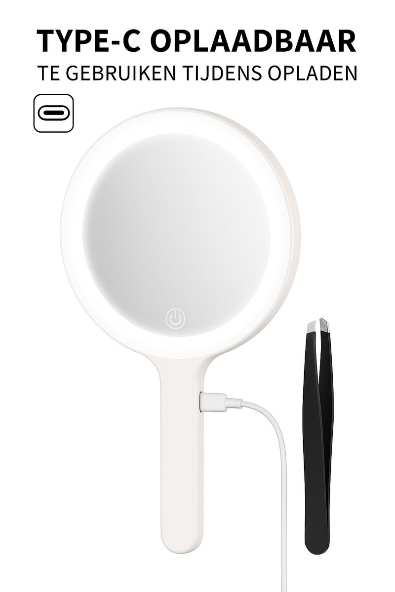 Ronde Handspiegel met LED Verlichting – Draagbare Make-up Spiegel met Handvat – Oplaadbaar via Type-C – Inclusief PinceT