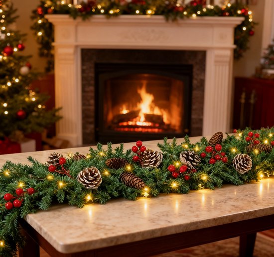 Premium Kerstslinger – Kunstkerst Guirlande 2,7 m met 50 LED lampjes – Verzwaarde & verbrede 240 takken – Versierd met rode bessen, dennenappels & witte dennenappels – Binnen & buiten – Voor open haard, trap, deur, kerstdecoratie