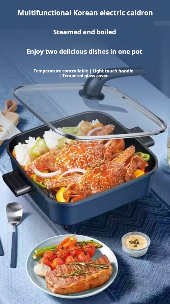 WizBay Premium Select® 3in1 Koreaanse Elektrische Grill 6L - Hotpot - Stoompan - Inclusief Aluminium Stoomplaat - Funcooking - Gourmetten - 4 tot 6 Personen - Anti Aanbak Laag - 1500W - Temperatuurregeling - Blauw — afbeelding 2
