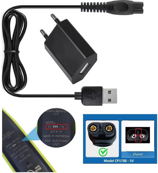 Chargeur compatible avec Philips OneBlade, tondeuses, Multigroom et Rasoirs électriques pour hommes – Remplace CP1788 – Adaptateur inclus – 5 V 1 A – 1 mètre – Tension universelle (100-240 V)
