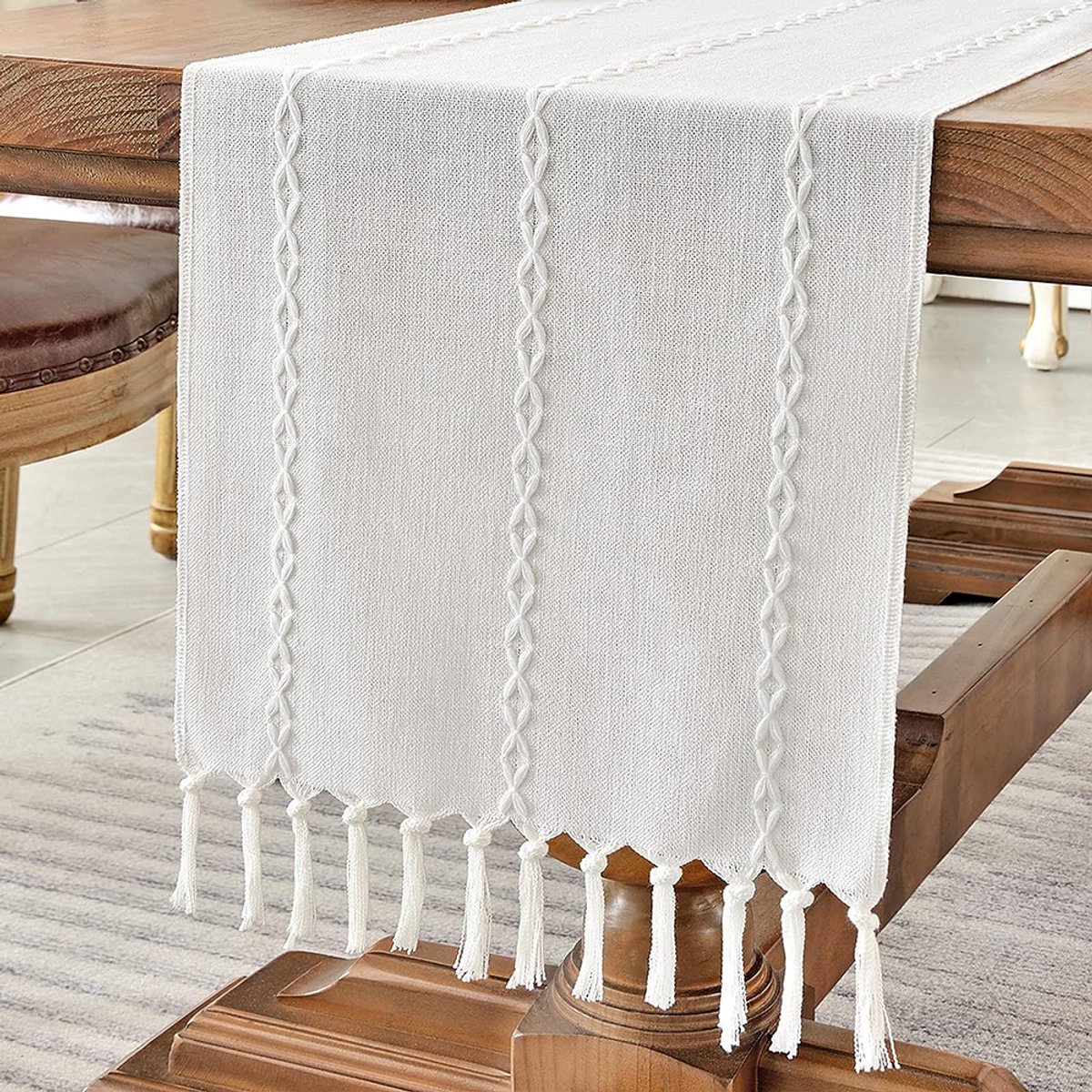 KerstTafelloper van katoenlinnen - Rustiek wit tafelloper - 180 cm met kwastjes - Perfect voor feesten, restaurantdecoraties, desserttafeldecoraties - (Wit, 33*183 cm)