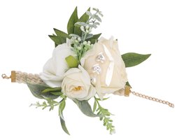 Bruidspolsbloem, Polsbloem voor bruiloft, Meerdere witte rozen en groene rozen, Polsbloem voor gala, Polsbloem voor feestjes, Polsbloem voor buitenevenementen, Bruidsfotografie