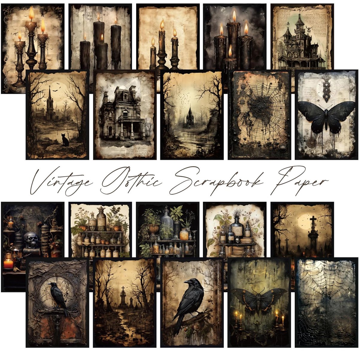 100Pcs Vintage Scrapbook Supplies Pack, Gothic Style Scrapbook Paper Sets DIY Aesthetic Collage Decor for Photo Frame Album Notebook Journal