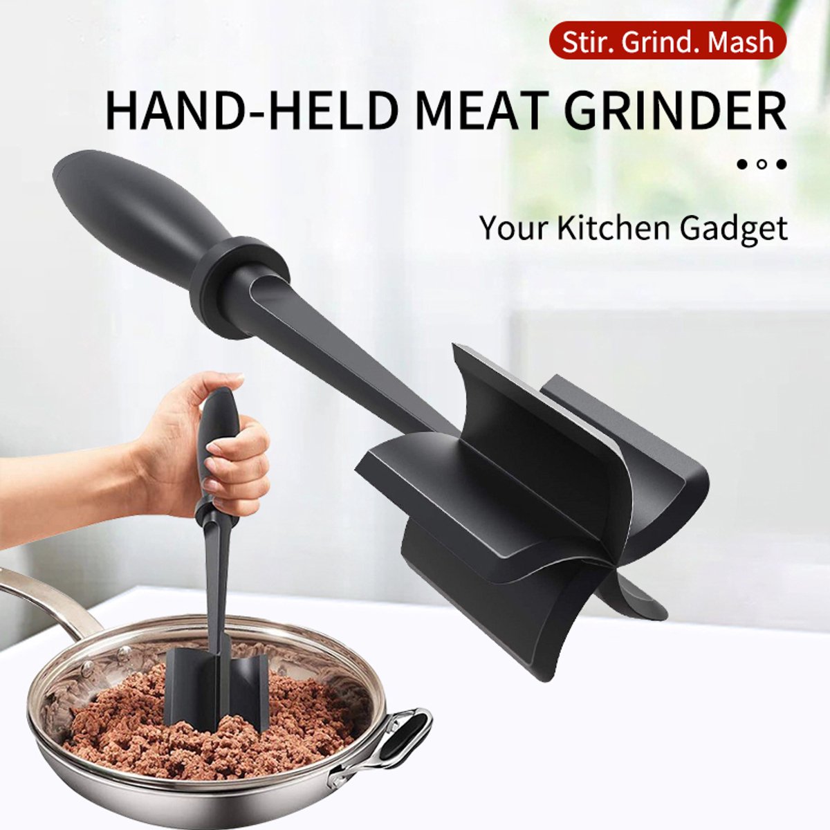 WizBay Premium Select® Gehakt Groente Stamper – 5 Bladen Nylon Chopper – Hittebestendig tot 230°C – BPA Vrij – 28 x 6,2 cm – Non-Slip Handgreep