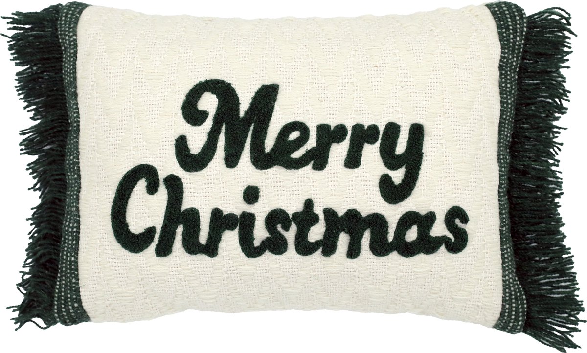 Urbane Hide Kerst Kussenhoes | Kussenhoezen | Kussenhoesjes | Christmas | Merry Christmas met franjes | 35x50 cm | Wol, Katoen | Creme & Donkergroen | Zonder binnenkussen Type G