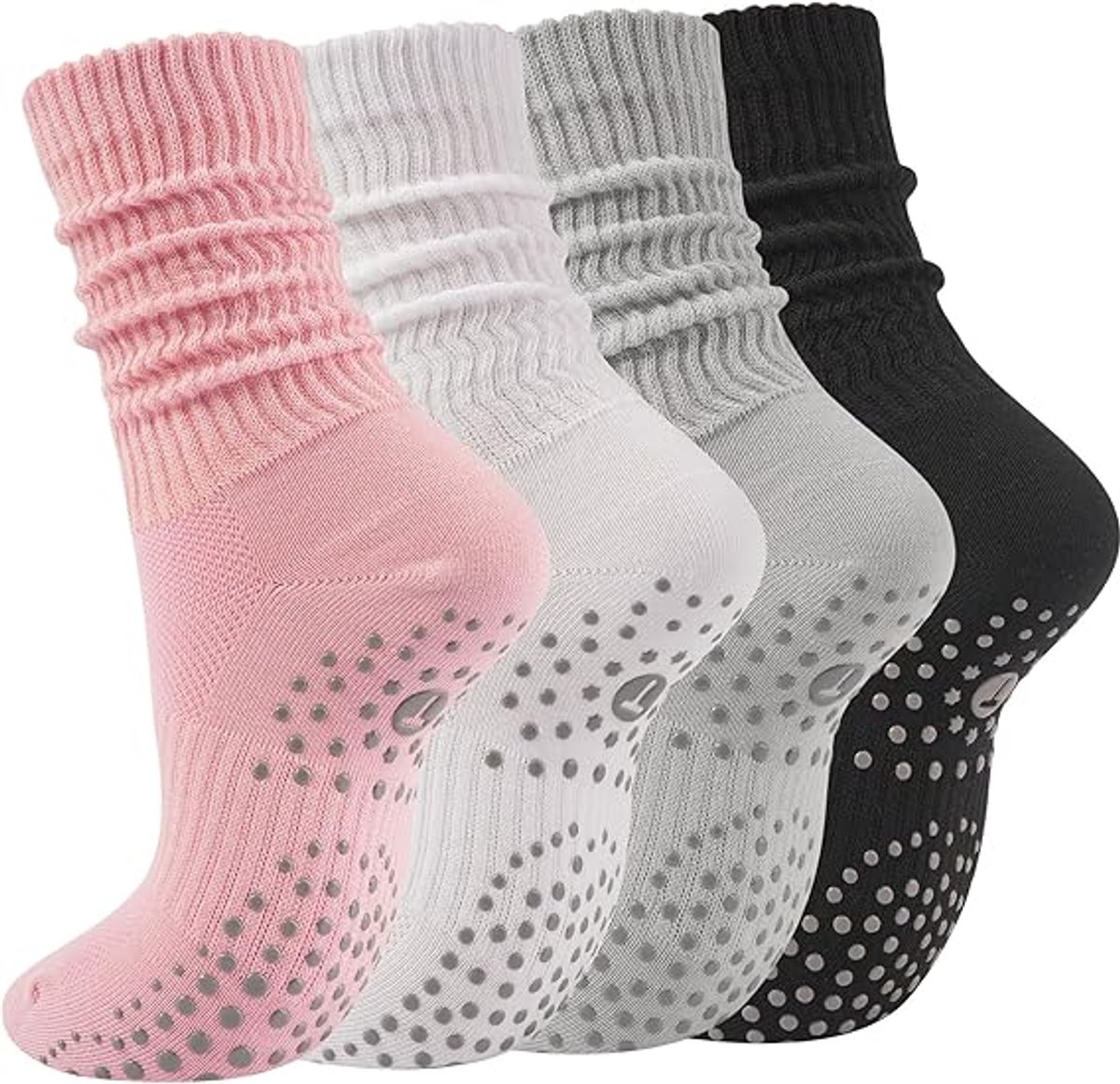 4 paren Yoga Slouch Sokken met Grip, Antislip sokken, antislip sokken pilates, yoga sokken, Grip sokken voor vrouwen en mannen, yoga sokken antislip, voor Workout Ziekenhuis Lange Scrunch Slipper Sokken - Cyslmuk®