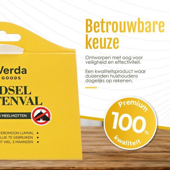 Gele mottenval met het opschrift 'Betrouwbare keuze'. Met 100% kwaliteitslabel.