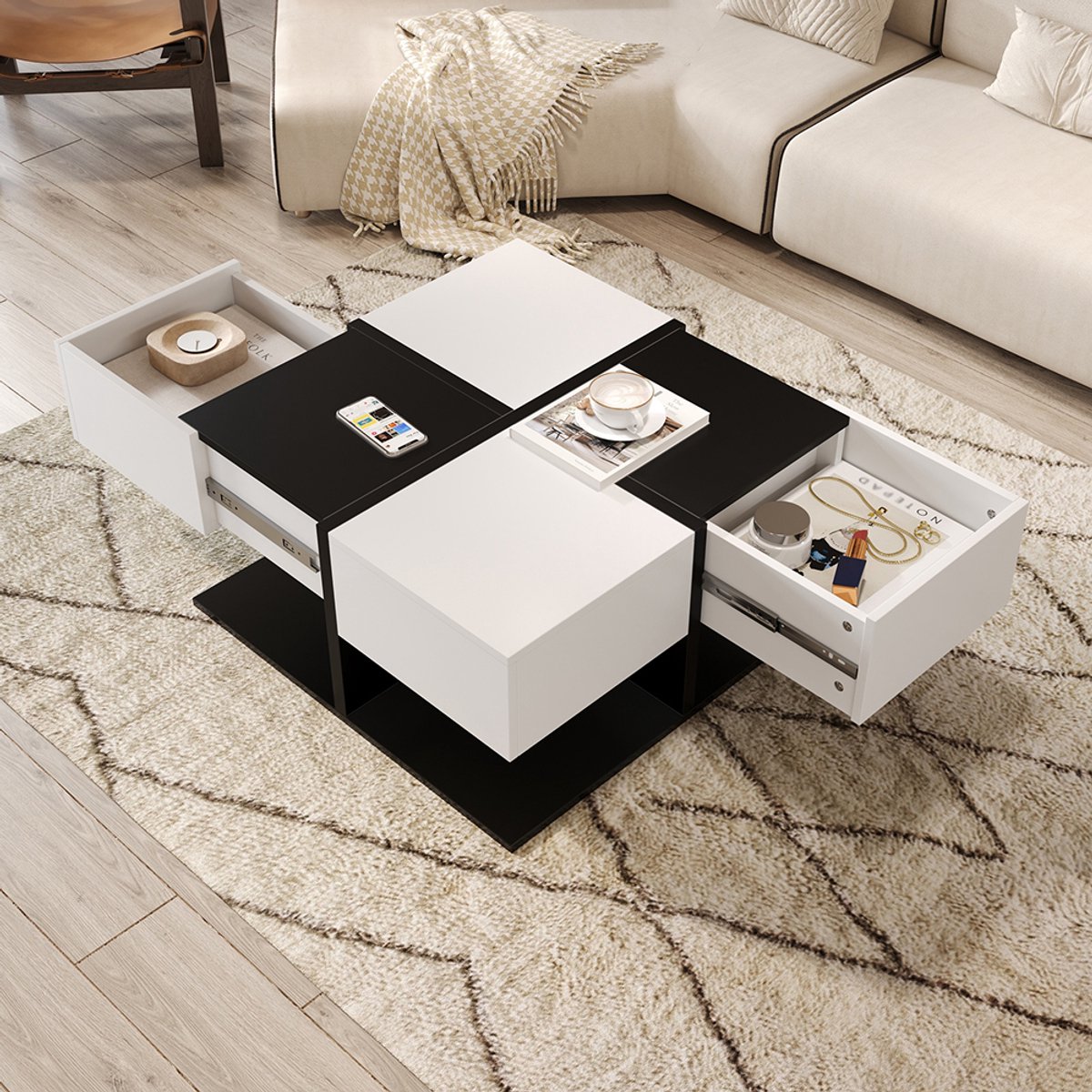 YEHTOKHOME Hoogglans Salontafel met 2 lades - Vierkante koffietafel met opbergruimte - 70x70x35,5 cm - Zwart & Wit