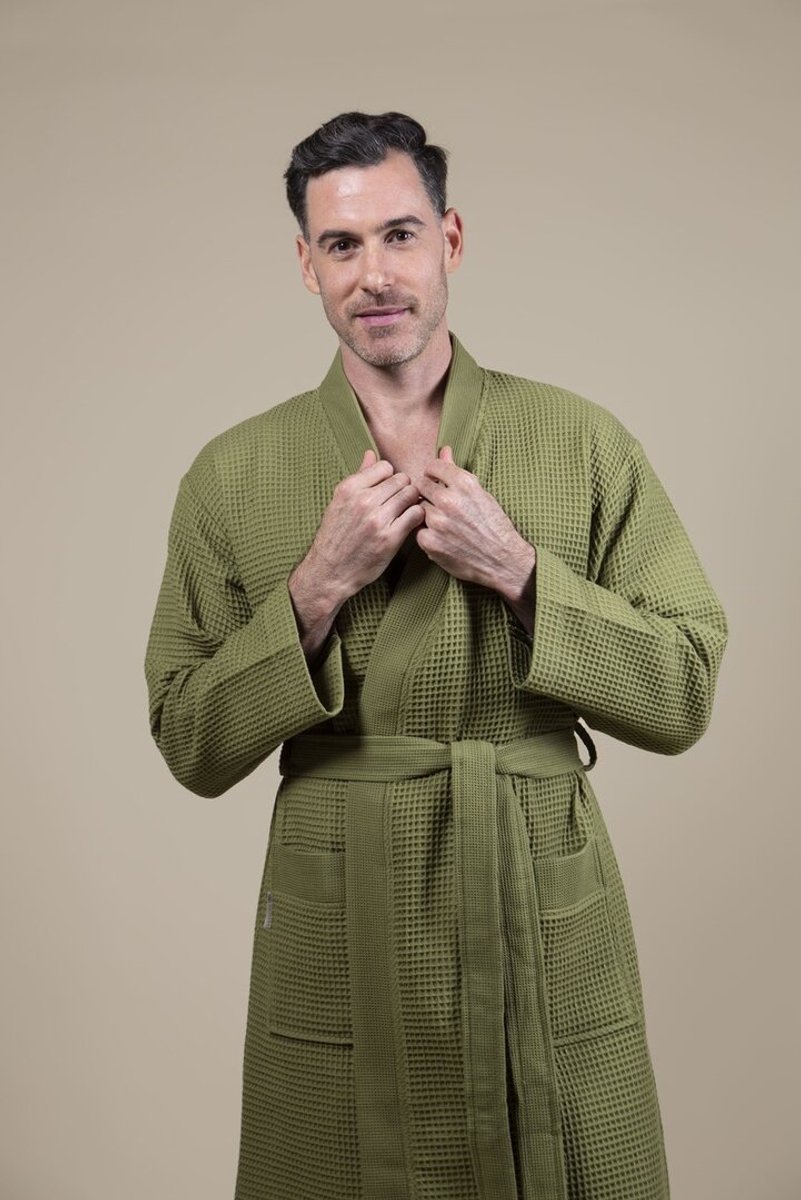 Sauna Wafel Badjas Heren – Cozylion – 100% Duurzaam Katoen – Oeko-Tex – Olijf Groen – Kimono Stijl – Wafel Badjassen Mannen – Sauna & Wellness Ochtendjas voor Man