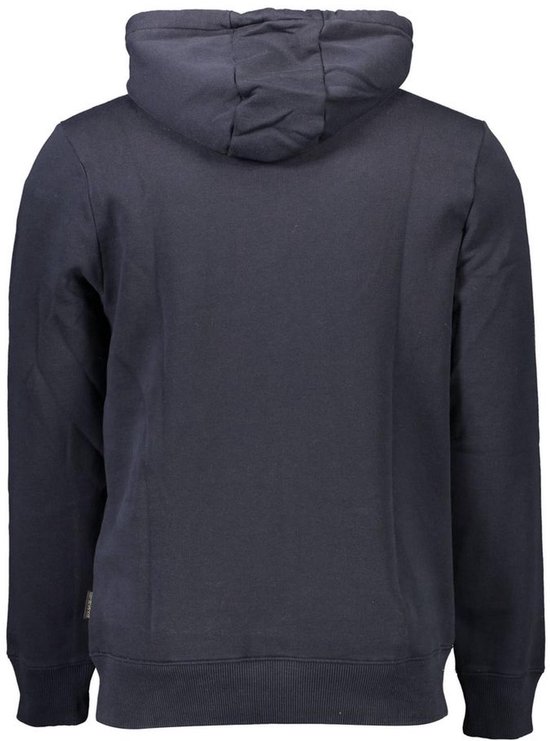 Achterkant van een donkerblauwe hoodie met capuchon.