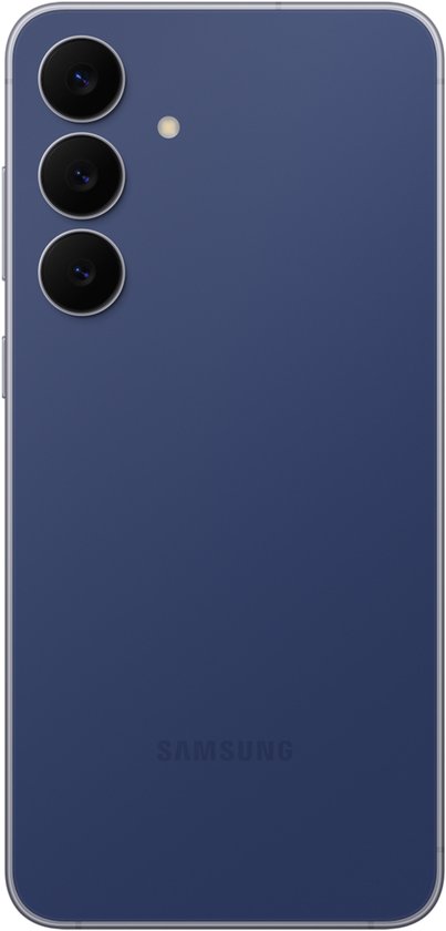 Marineblauwe Samsung smartphone, achterkant met drie camera's en het Samsung logo.