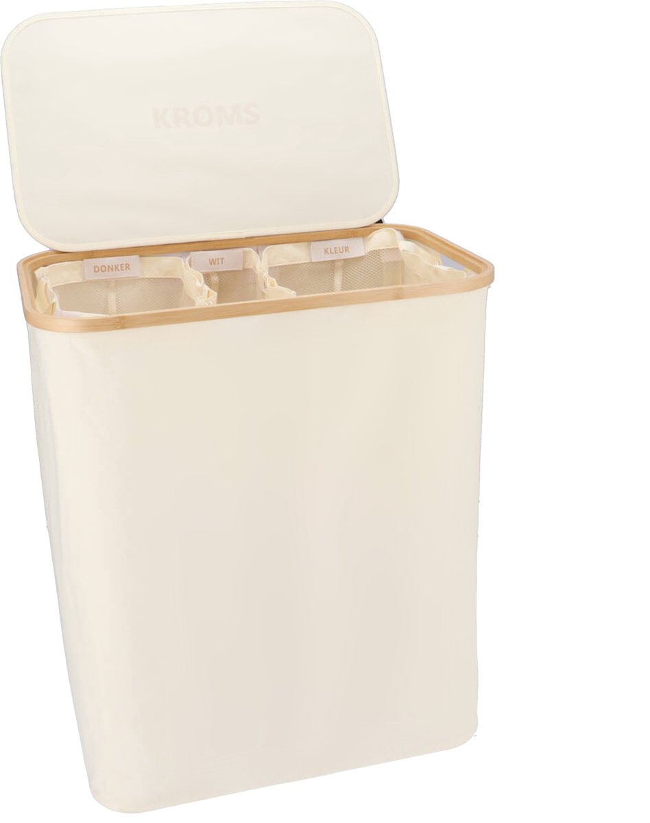 KROMS Wasmand 3 vakken - Beige - 145L - Inclusief NL & ENG labels - Wassorteerder bamboe - Laundry basket - Wasmand met deksel - 145L