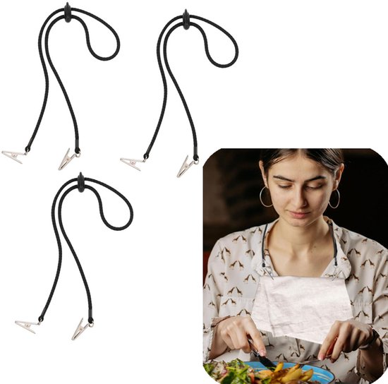 3 stuks servettenketting, kettingen, servetketting met clip, senioren, voor servethouder, roestvrij staal met klemmen, zilveren slabbetketting, volwassenen, senioren en kinderen, 19 inch metalen
