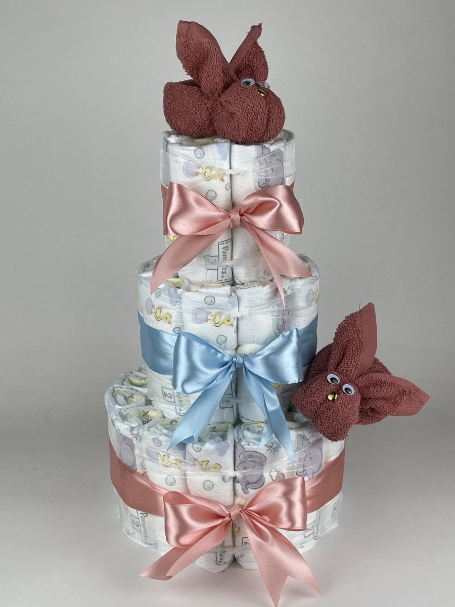 Chouette-Chouette | Luiertaart Neutraal | Kraamcadeau | Geboorte Jongen Meisje | Babyshower | Konijnen Koper - donker Poeder Roze - Blauw