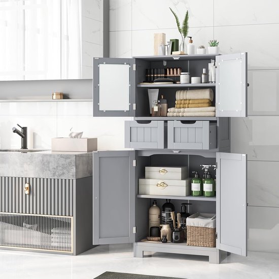 COSTWAY Badkamerkast met 2 laden en 4 deuren, badkamerkast met verstelbare planken, opbergkast voor badkamer, keuken, woonkamer (grijs)