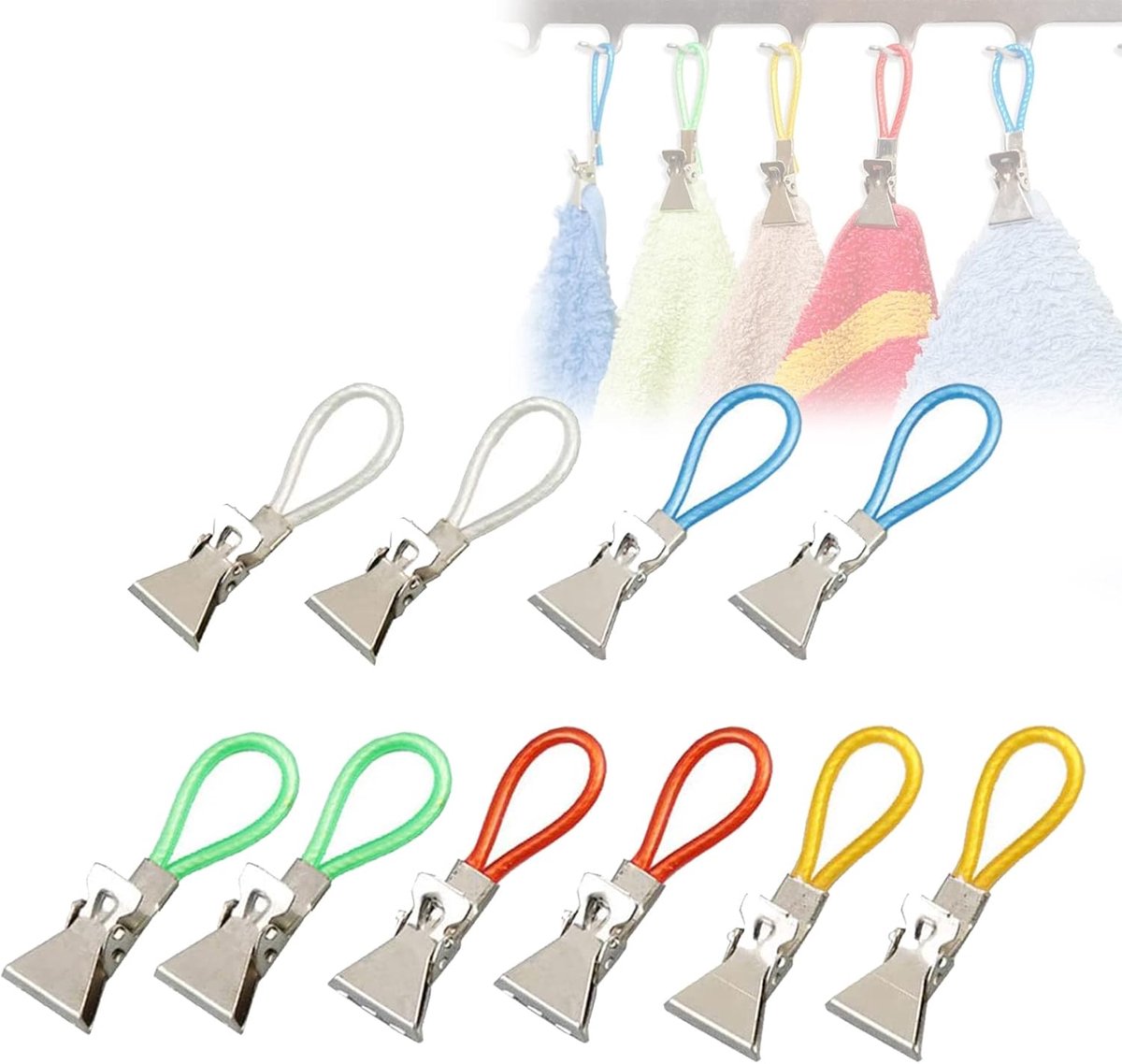QTTVBTNA -10 stuks Handdoekclips met haak – Multicolor theedoek houders, ophanghaken voor handdoeken, vaatdoeken en textiel – Praktische keuken accessoires