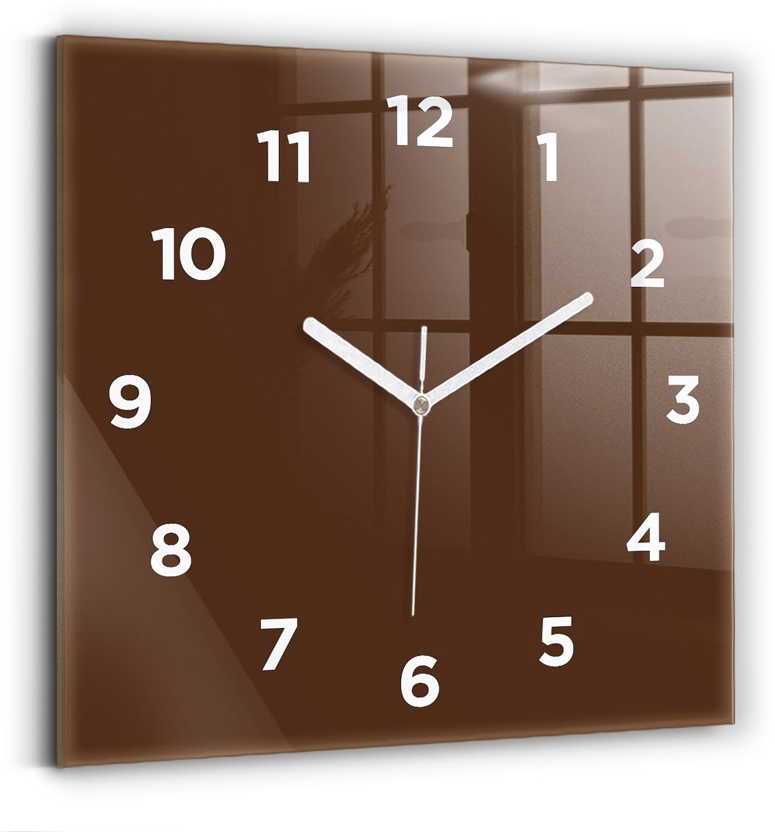 Wallfluent Wandklok - Bruin Vierkante Glazen Klok - 30 cm x 30 cm - Bruin Wandklok - Witte Handen - Wandklok Met Cijfers - Wandklok voor in de Keuken - Vierkante Glazen Wandklok - Industrieel Wandklok - Vierkante Glas Klok