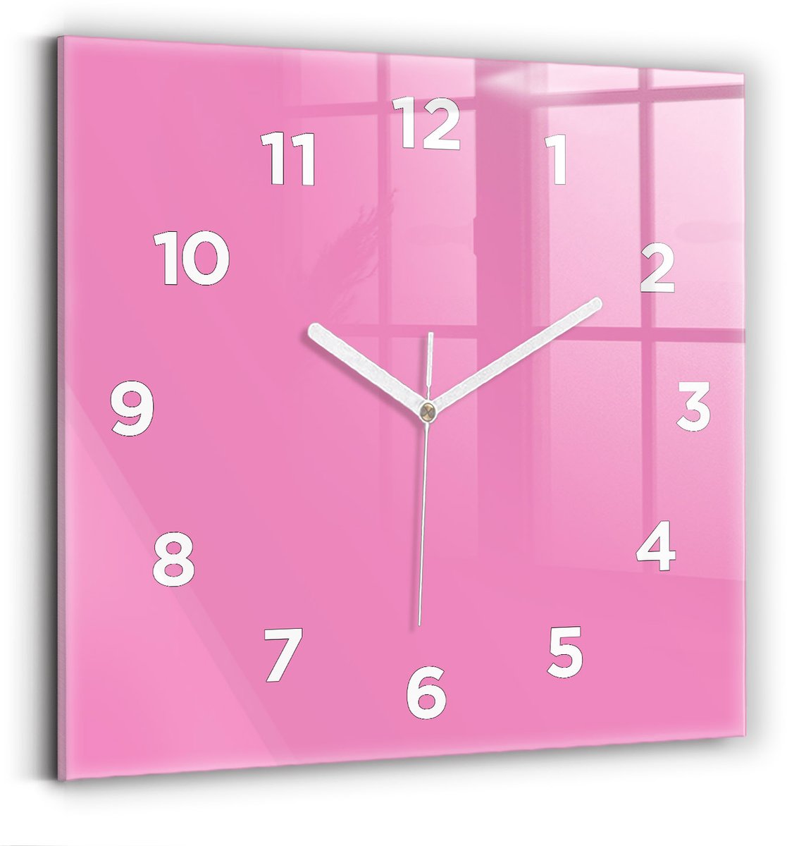 Wallfluent Wandklok - Roze Vierkante Glazen Klok - 30 cm x 30 cm - Roze Wandklok - Witte Handen - Wandklok Met Cijfers - Wandklok voor in de Keuken - Vierkante Glazen Wandklok - Industrieel Wandklok - Vierkante Glas Klok