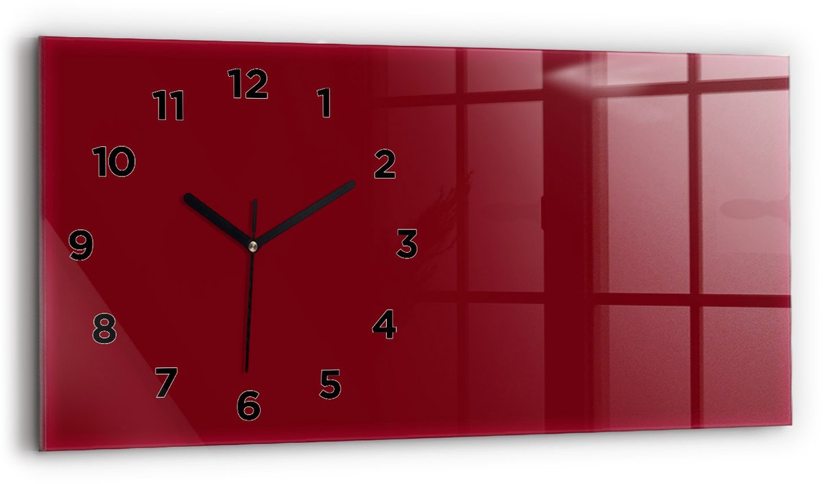 Wallfluent Wandklok - Bourgondië Rechthoekige Glazen Wandklok - 60 cm x 30 cm - Bourgondië Wandklok - Zwarte Handen - Wandklok Met Cijfers - Kinder Wandklok Glas - Glazen Klok Rechthoekige - Minimalistisch Wandklok - Rechthoekige Glas Klok